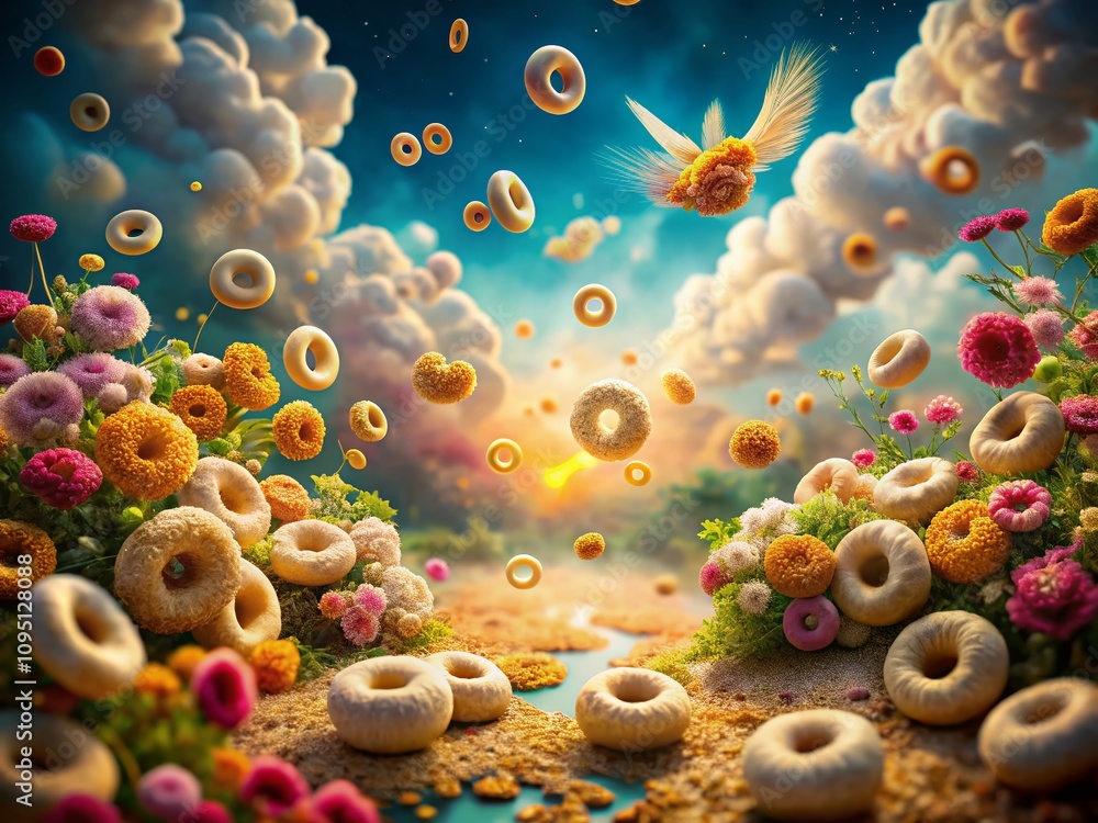 Poster surreal imagery of cheerios floating in a dreamlike landscape with ethereal light and whimsical elem