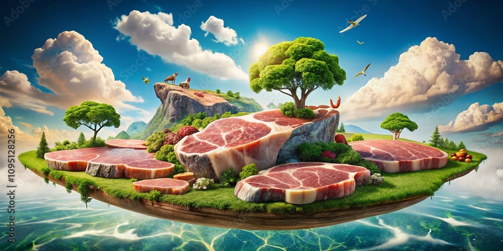 Poster surreal interpretation of a chart of pork cuts blending culinary art with dreamlike elements in an i