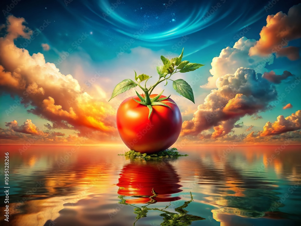 Poster surreal interpretation of a tomato: a dreamlike landscape with floating elements and whimsical color