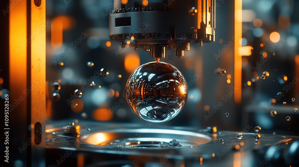 Poster a futuristic machine hovering a reflective sphere amidst floating droplets.