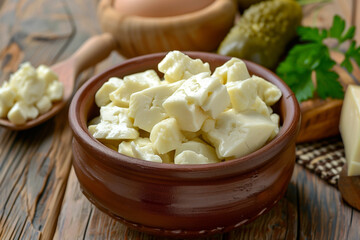 Motal soft pickled cheese, selective focus