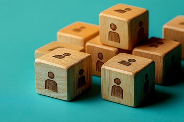 Light Brown Wooden Cubes Engraved Personnel Icons, Teamwork Network