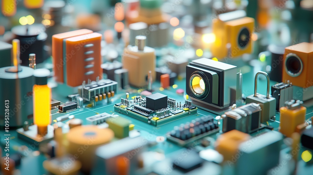 Poster a close-up view of a complex circuit board with various electronic components.