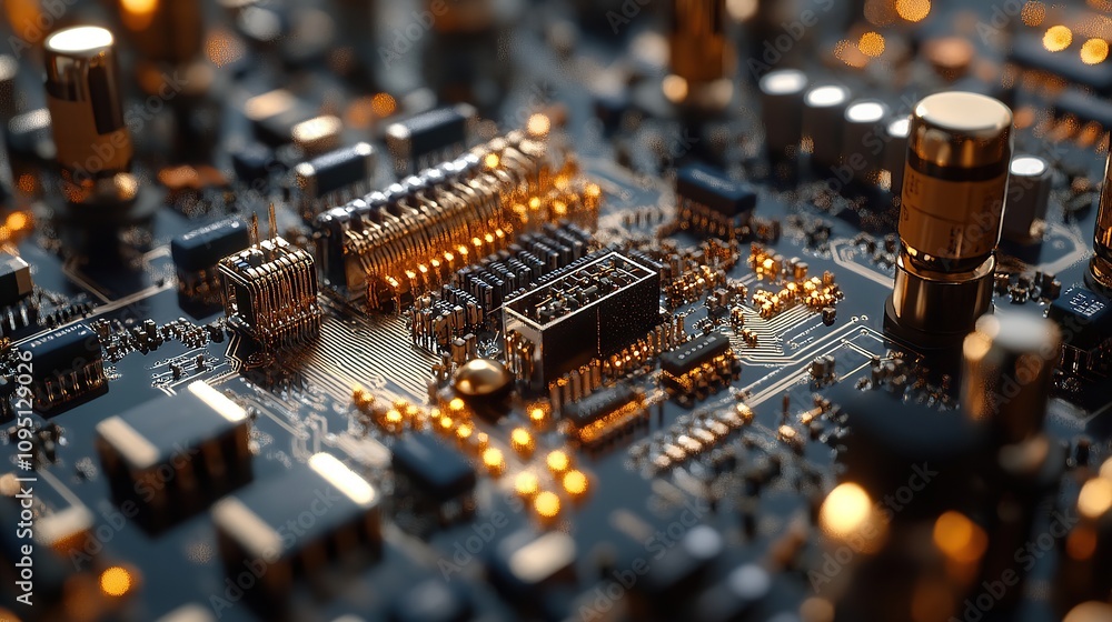 Poster close-up of a complex circuit board with glowing components and intricate connections.