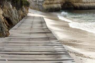 Fototapeta premium Cozy wooden pathway along the sandy beach, overlooking the vast ocean