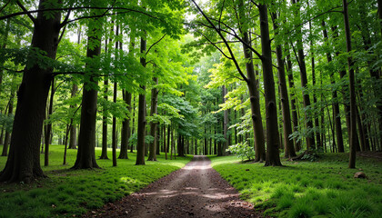 Obraz premium Peaceful forest pathway surrounded by lush green trees for Earth Day