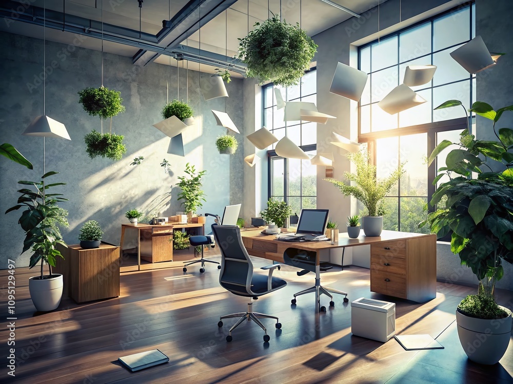 Poster surreal office environment with floating desks and dreamlike elements, blending everyday life with w