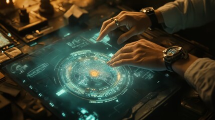 Retro Time Traveler Discovering Holographic Map in Futuristic Control Room