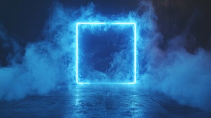 Enigmatic Blue Neon Square in Smoky Atmosphere