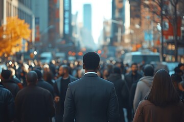 Obraz premium Lonely African American Businessman Rush Hour Back View, Fall City Street