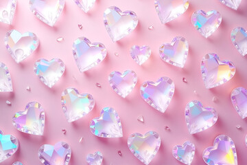 A seamless pattern of iridescent crystal hearts, sparkling in pastel tones, creating a luxurious and romantic background