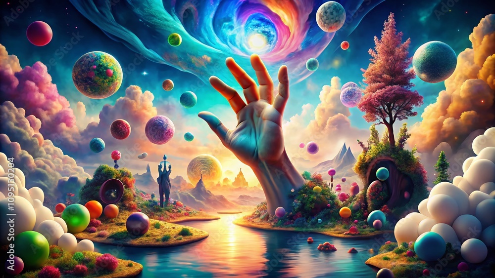 Poster surreal representation of a hand symbol emerging from a dreamlike landscape, blending reality and im