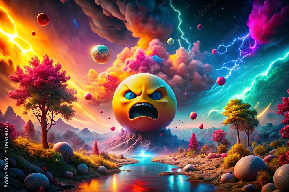 Poster surreal representation of anger emoji in a dreamlike landscape capturing intense emotions and abstra