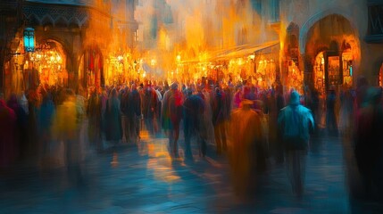 Obraz premium Ethereal Time Traveler: Merging with Medieval Marketplace Magic