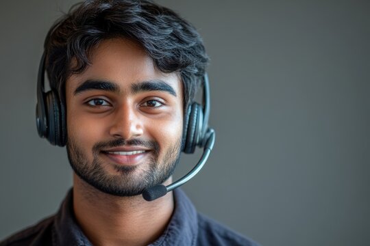 customer support agent, close-up of confident indian customer service rep with headset, smiling against neutral background with free space for copy