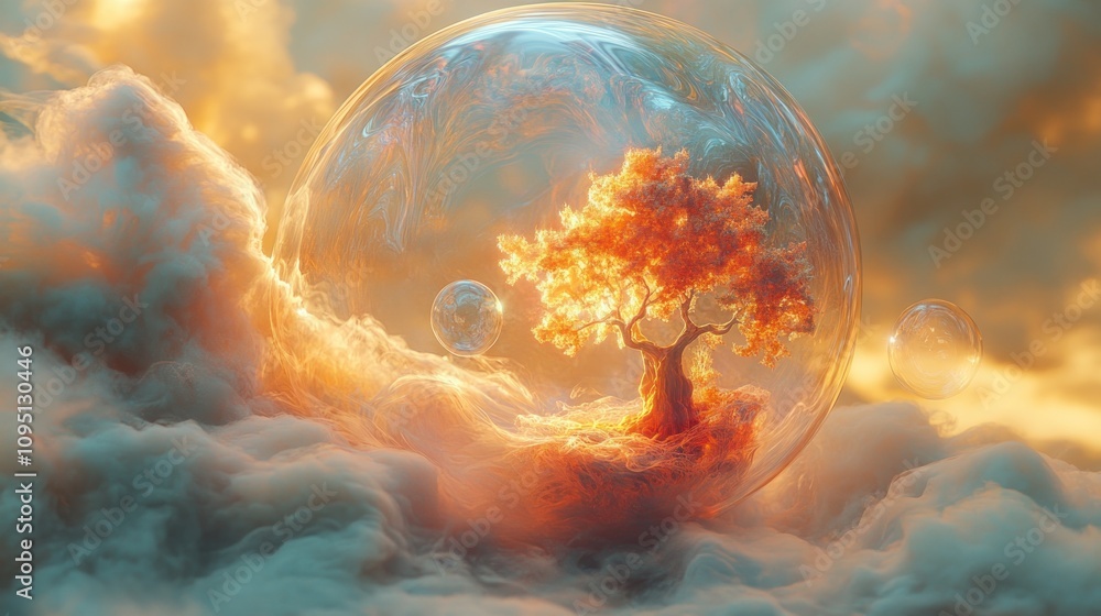 Aufkleber a surreal scene featuring a glowing tree within a bubble, surrounded by ethereal clouds.
