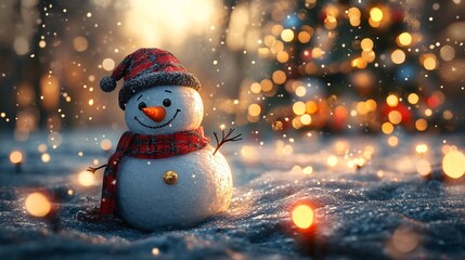 Cheerful snowman smiling in snowy landscape during festive winter evening. Generative AI.