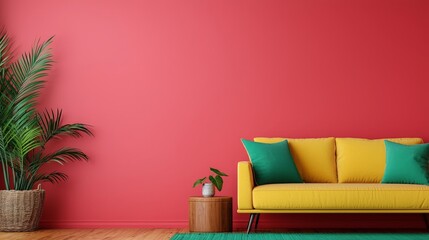 Yellow sofa against a vibrant red wall, complemented by green cushions, plants, and a wooden side table.