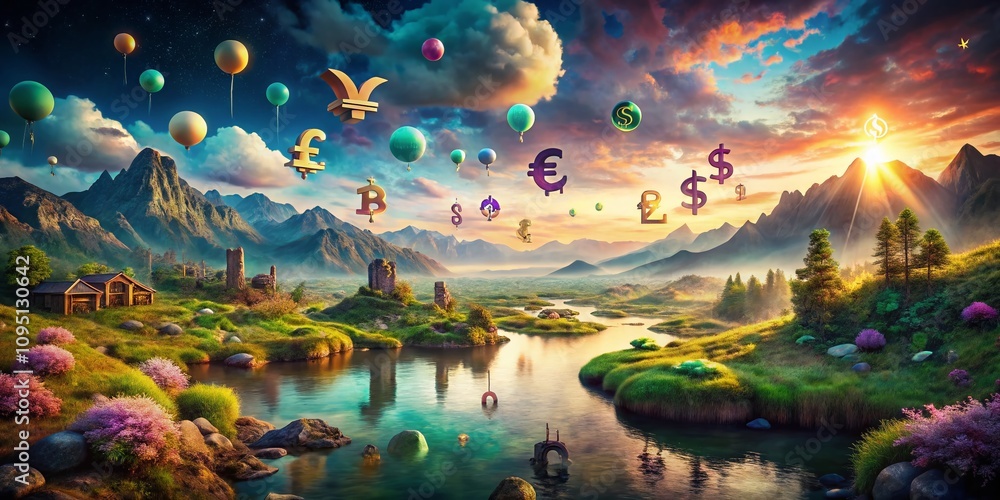 Aufkleber surreal representation of money jpegs: a dreamlike landscape with floating currency symbols and digi