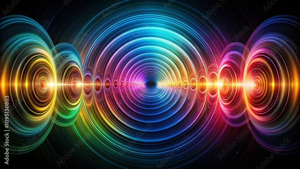 Poster surreal representation of sound pulsation circles depicting radio waves on a black background with v