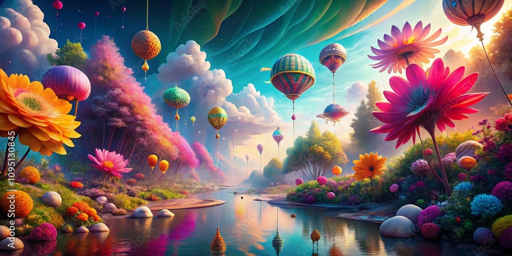 Poster surreal representation of serotonin in a dreamlike landscape with vivid colors and whimsical element
