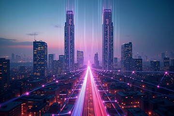 Fototapeta premium Advanced Urban Cityscape with Vibrant Neon Streets and Digital Infrastructure