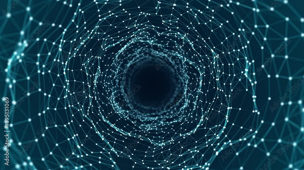Aufkleber motion graphic of blue dot and line mesh connection tunnel with polygonal technology abstract backgr