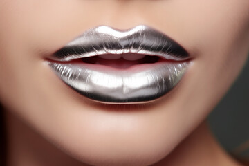 Fototapeta premium womens lips close-up painted bright silver shiny lipstick