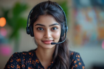 professional customer support, attentive indian customer service rep with headset against banner, offering branding space for your message