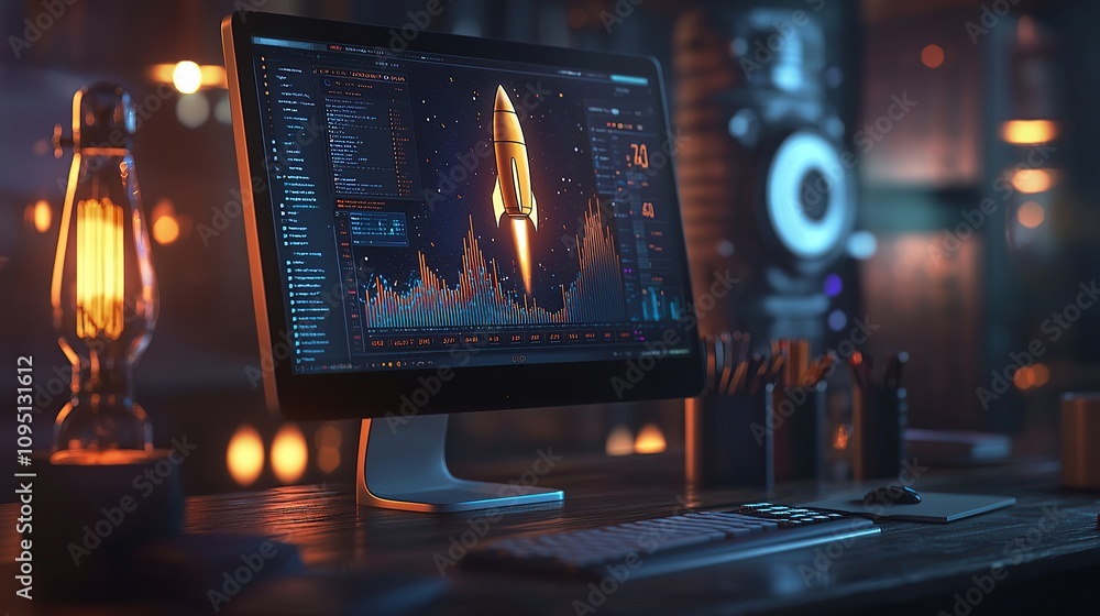 Poster a computer display shows a rocket launch graphic in a dimly lit workspace.