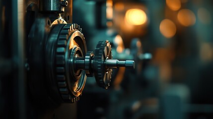 Fototapeta premium Close-up of industrial gears and machinery showcasing mechanical precision.
