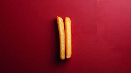 Two Golden French Fries on a Vibrant Red Background