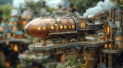 A detailed steampunk airship above a fantastical cityscape, showcasing intricate designs.