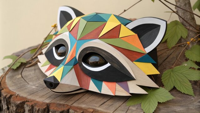 A playful rac mask embellished with colorful geometric shapes showcasing mischievous black rings around the eyes and a textured snout for added depth.