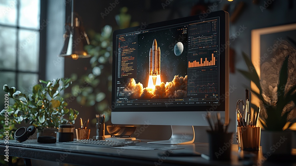 Aufkleber A computer screen displaying a rocket launch simulation in a modern workspace.