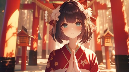Fototapeta premium 神社で初詣のお参りをするアニメ調の日本人美少女