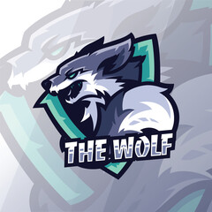 Snarling wolf head with team name The Wolf suitable for sports logos, team mascots, tshirts, and wildlifethemed designs.