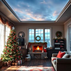  Decorated christmas tree and fireplace in a cozy living room christmas tree holiday winter festive celebration   