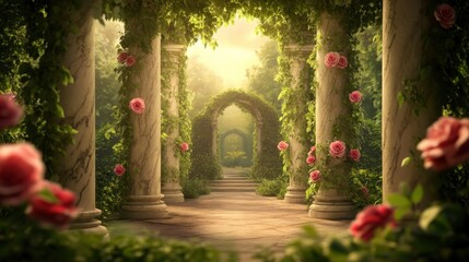 Enchanted garden with towering marble columns covered in blooming roses