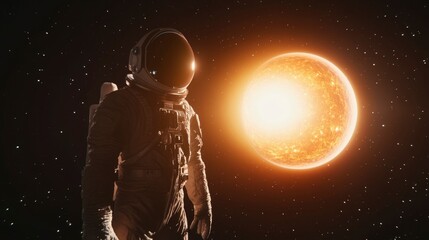 An astronaut standing in the shadow of a planet, watching the sunrise from space