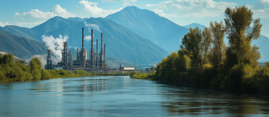 A stark contrast between the pristine beauty of nature and the industrial pollution of a factory. A powerful image for environmental awareness campaigns.