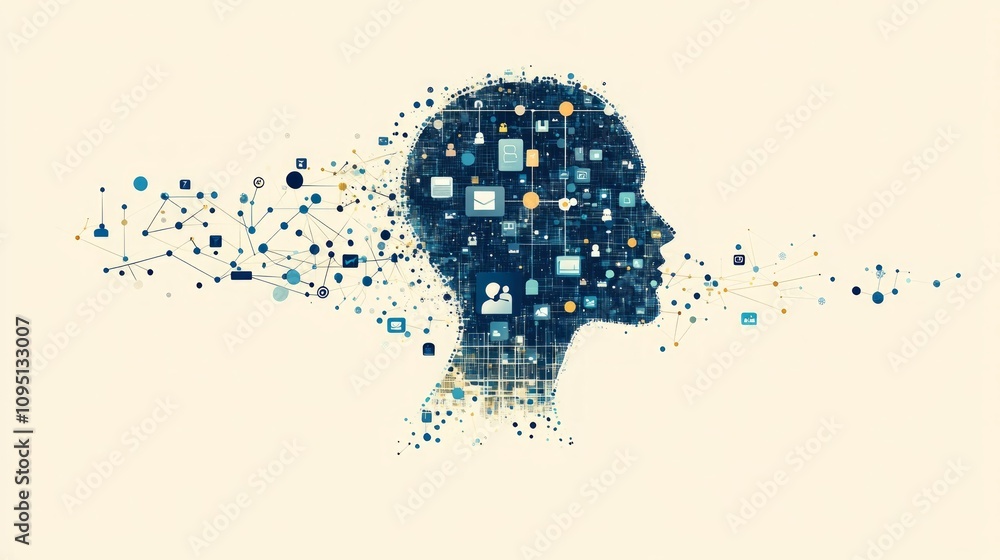Poster abstract head profile formed by interconnected data streams and icons, representing digital intellig