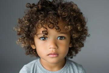 Naklejka premium A close-up portrait of a young child with curly blonde hair and bright blue eyes