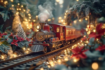 Toy model of polar express among shiny ligts and Chrisrtmas ornaments