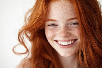 Naklejka premium Close-up of a woman's face with freckles, suitable for beauty or lifestyle images