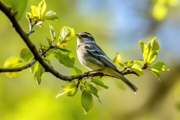 A small bird sits peacefully on the branch of a tree, possibly preparing to take flight