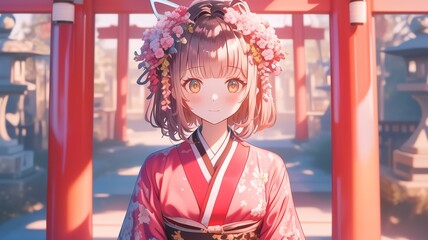 神社で初詣のお参りをするアニメ調の日本人美少女