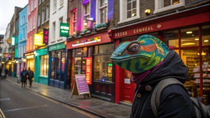 Obraz premium A striking chameleon mask flickers in colors against a backdrop of colorful storefronts representing adaptability in a busy city scene.