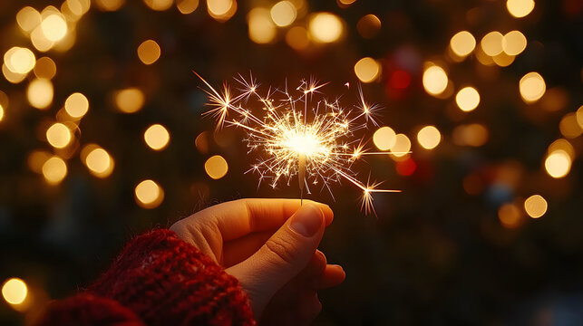 Close-up of a sparkler glowing brightly in a festive celebration at night. Generative AI.