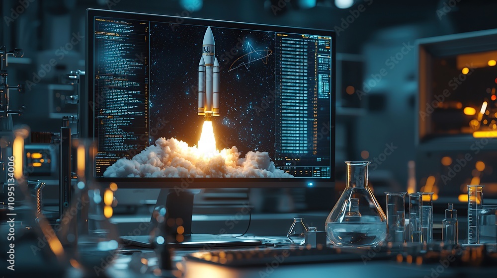 Poster a computer display shows a rocket launch simulation in a scientific lab setting.